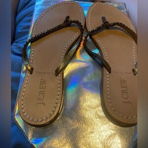 Preown~J Crew Thong Sandal Brown Leather Strap with Bronze Beads Women's Size 7